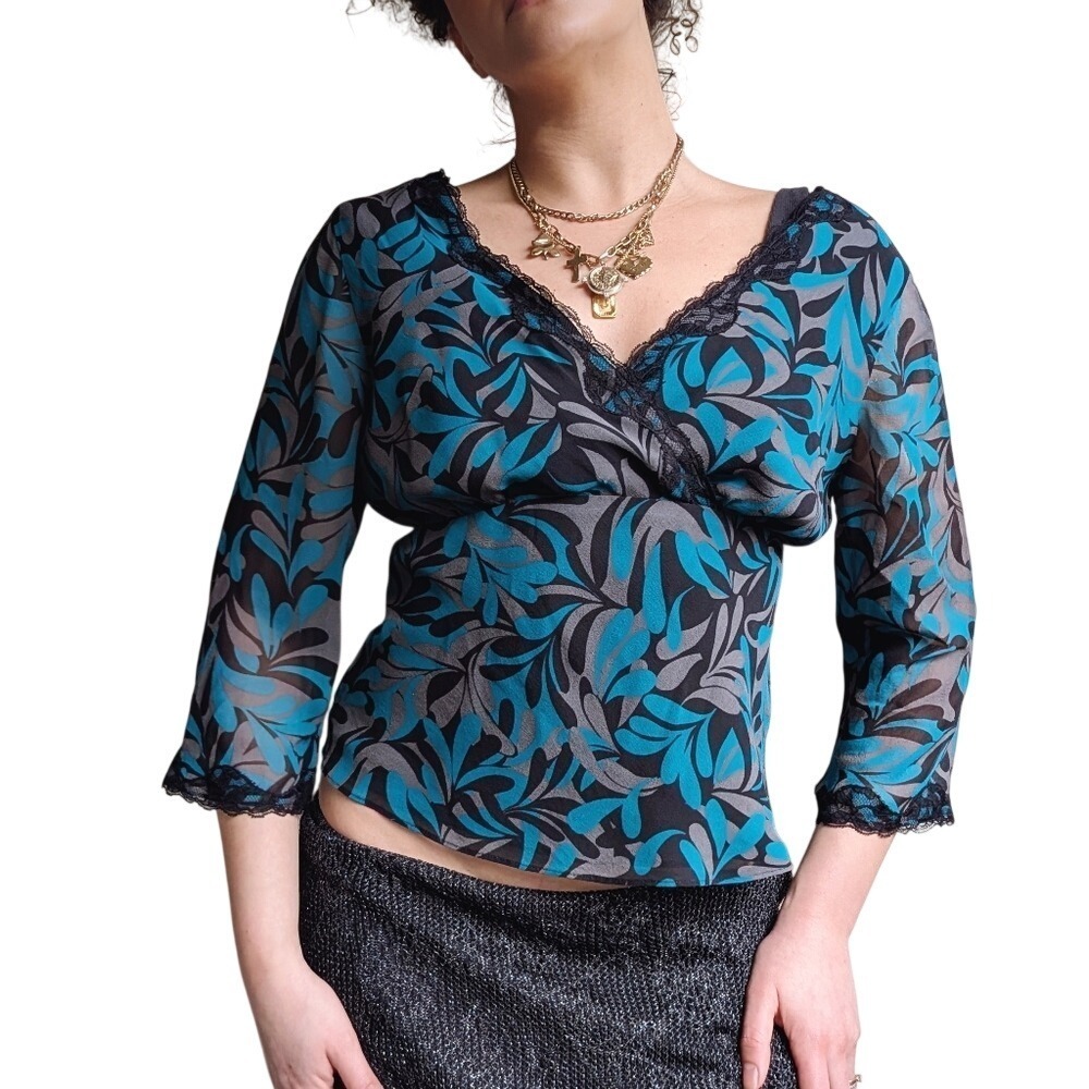Nine West Vintage Y2K Whimsigoth Teal Paisley Lace Trim Empire Waist Silk Blouse